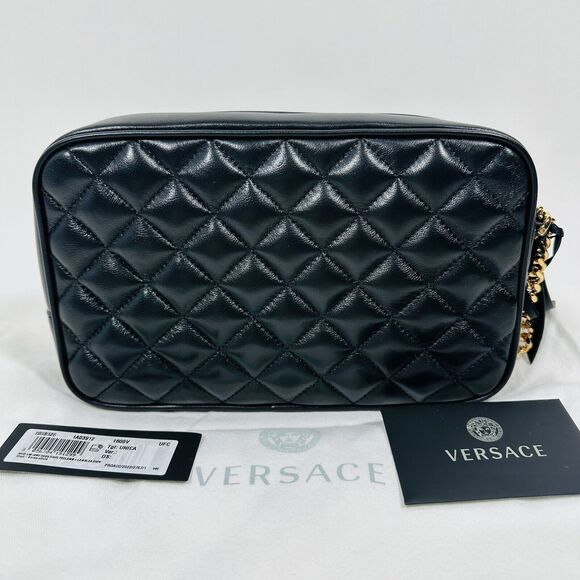 Versace La Medusa Quilted Lambskin Leather Medium Crossbody Camera Bag Black NWT - Picture 6 of 15